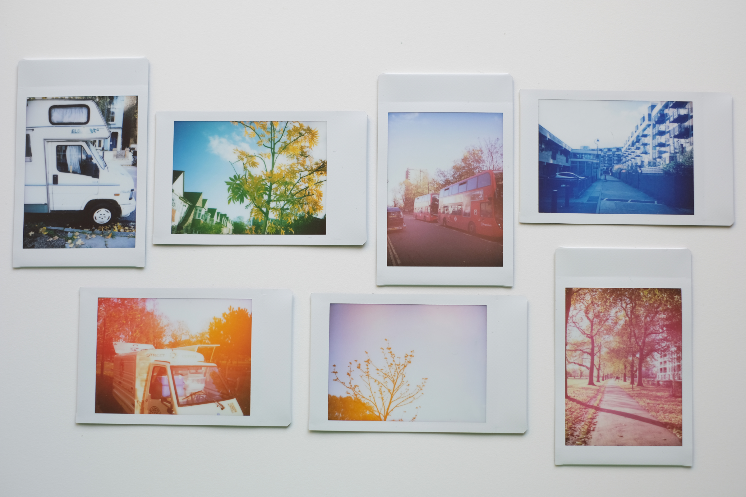 Seven Instax photos showing the different colour filter settings.