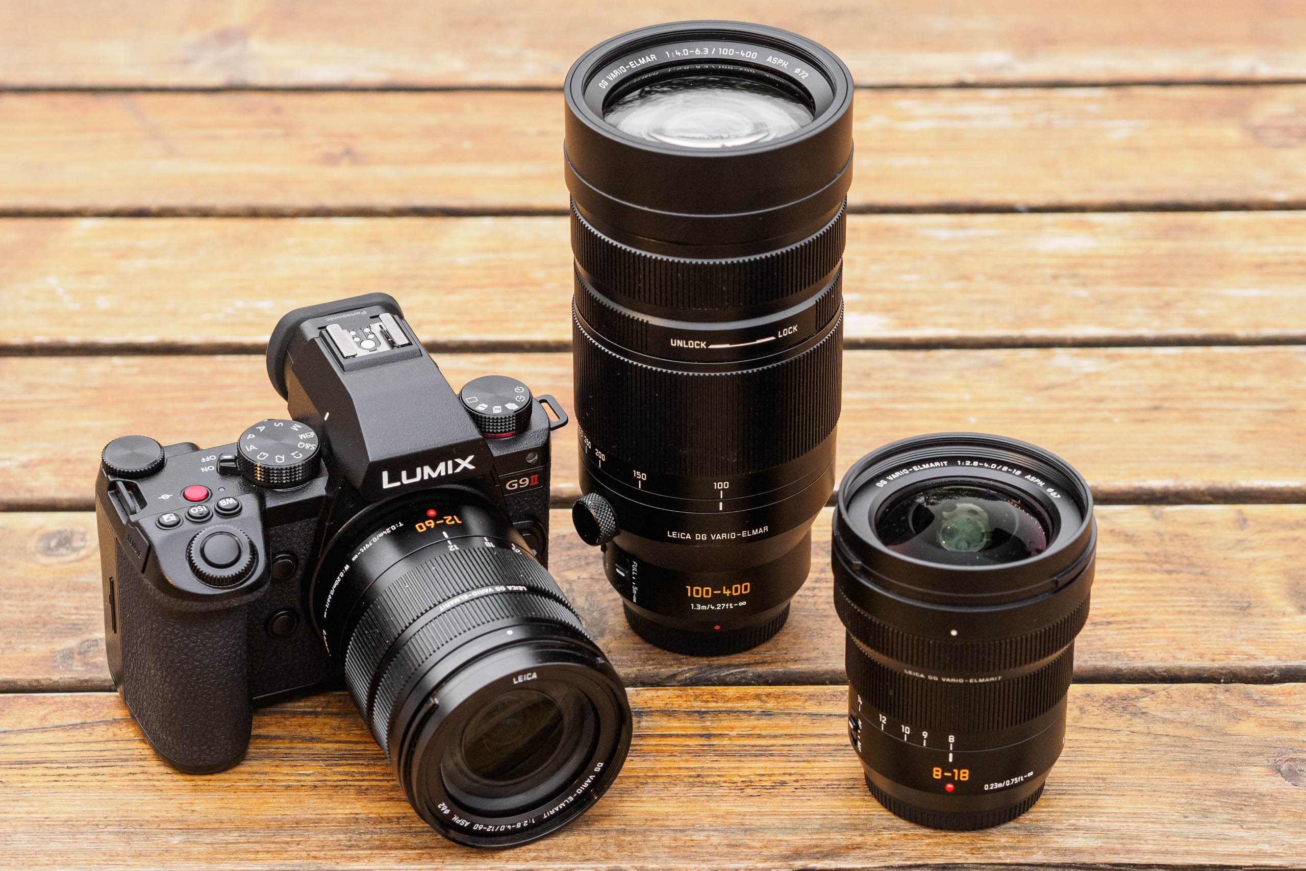 Panasonic Lumix G9 II with 12-60mm, 100-400mm, and 8-18mm lenses