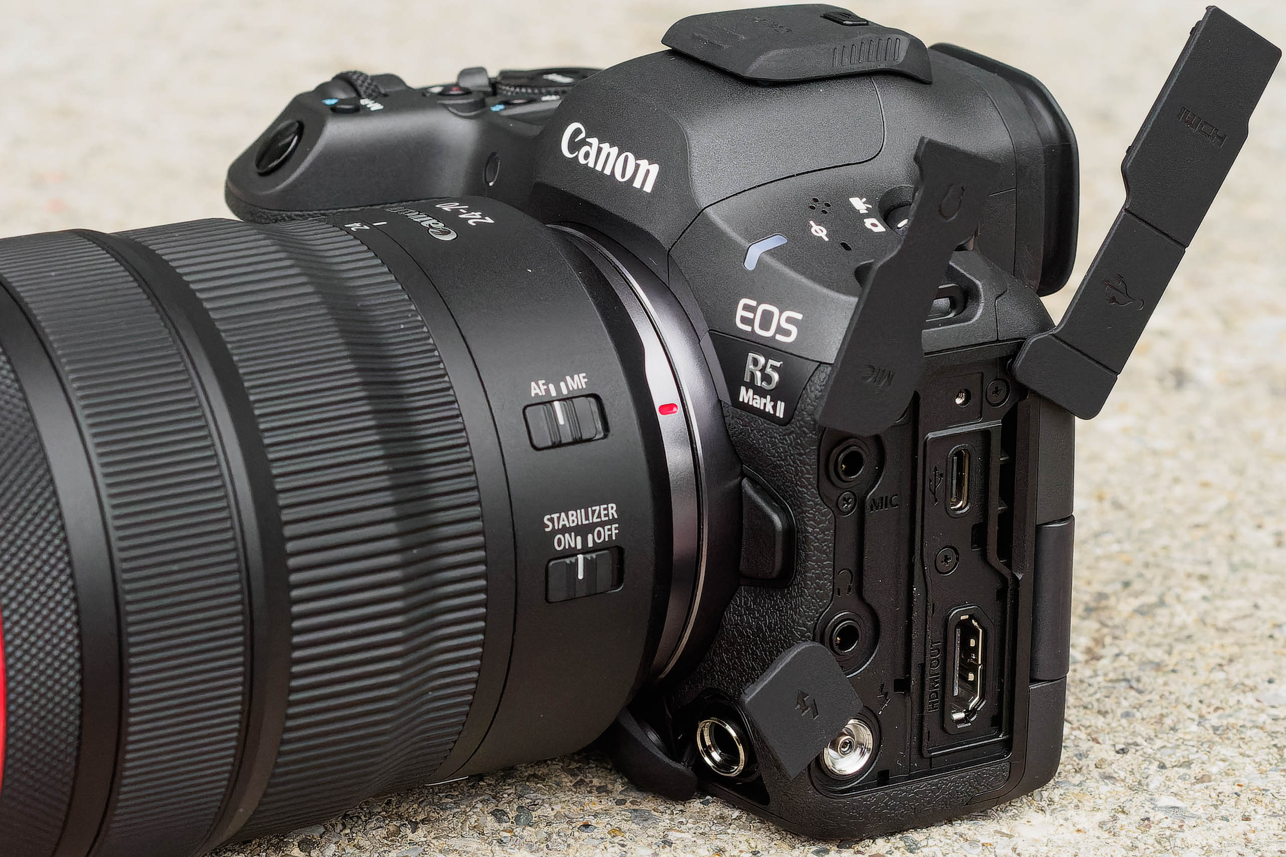 Canon EOS R5 Mark II ports, showing full-size HDMI