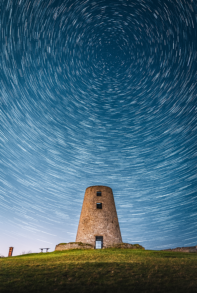cleadon mill at night with star trails