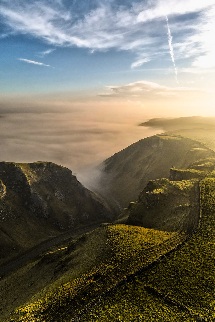 drone view over winnats pass landscape