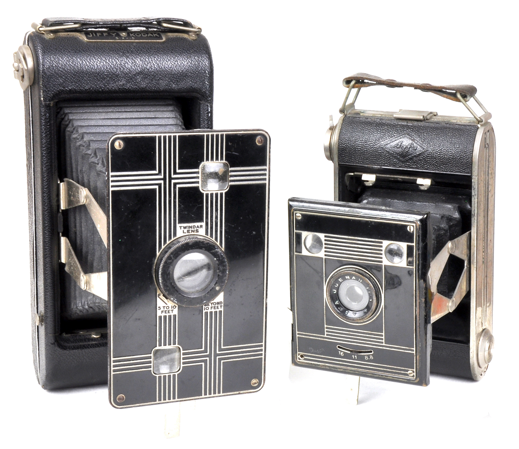 Jiffy Kodak (left), whose Art Deco design was echoed in the smaller Agfa Billy-Clack