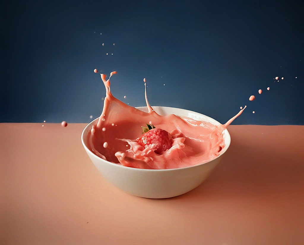 strawberry dropping into a bowl of strawberry milkshake